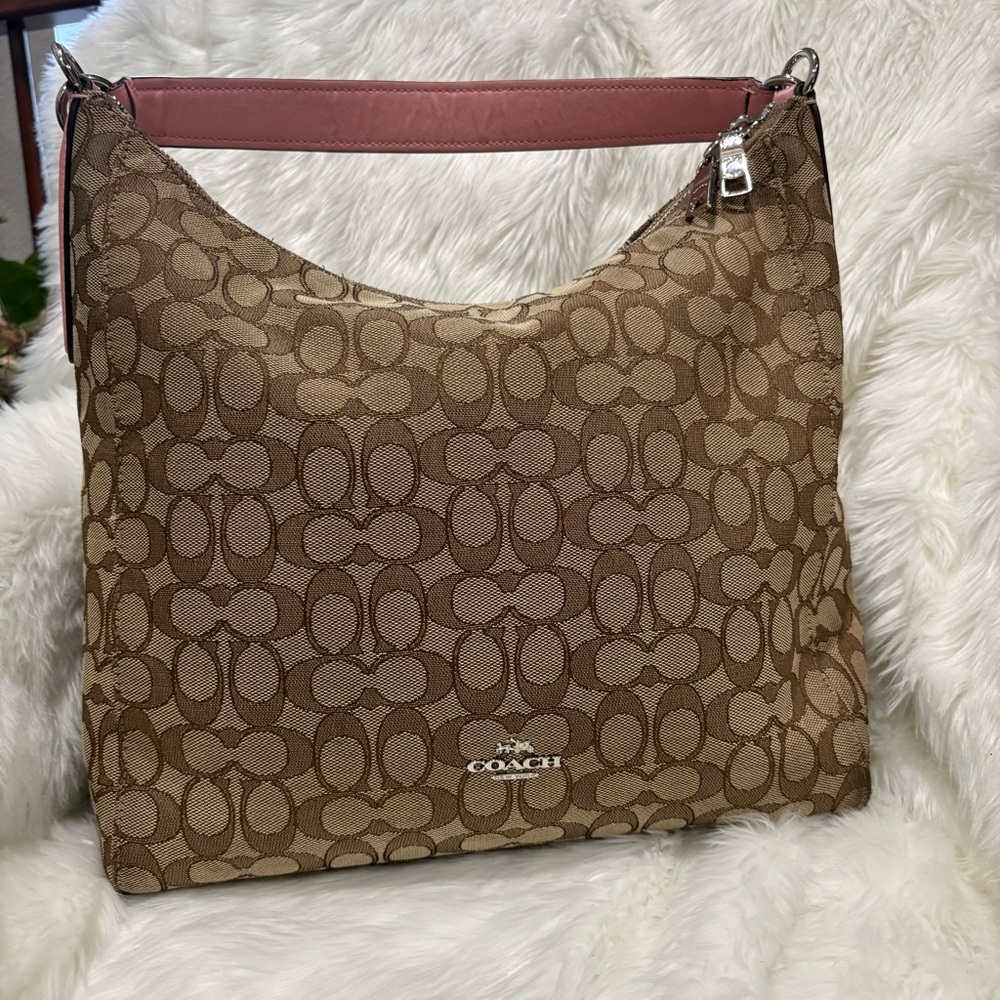 Coach Signature Hobo Bag Khaki Pink Jacquard Shoulder Purse